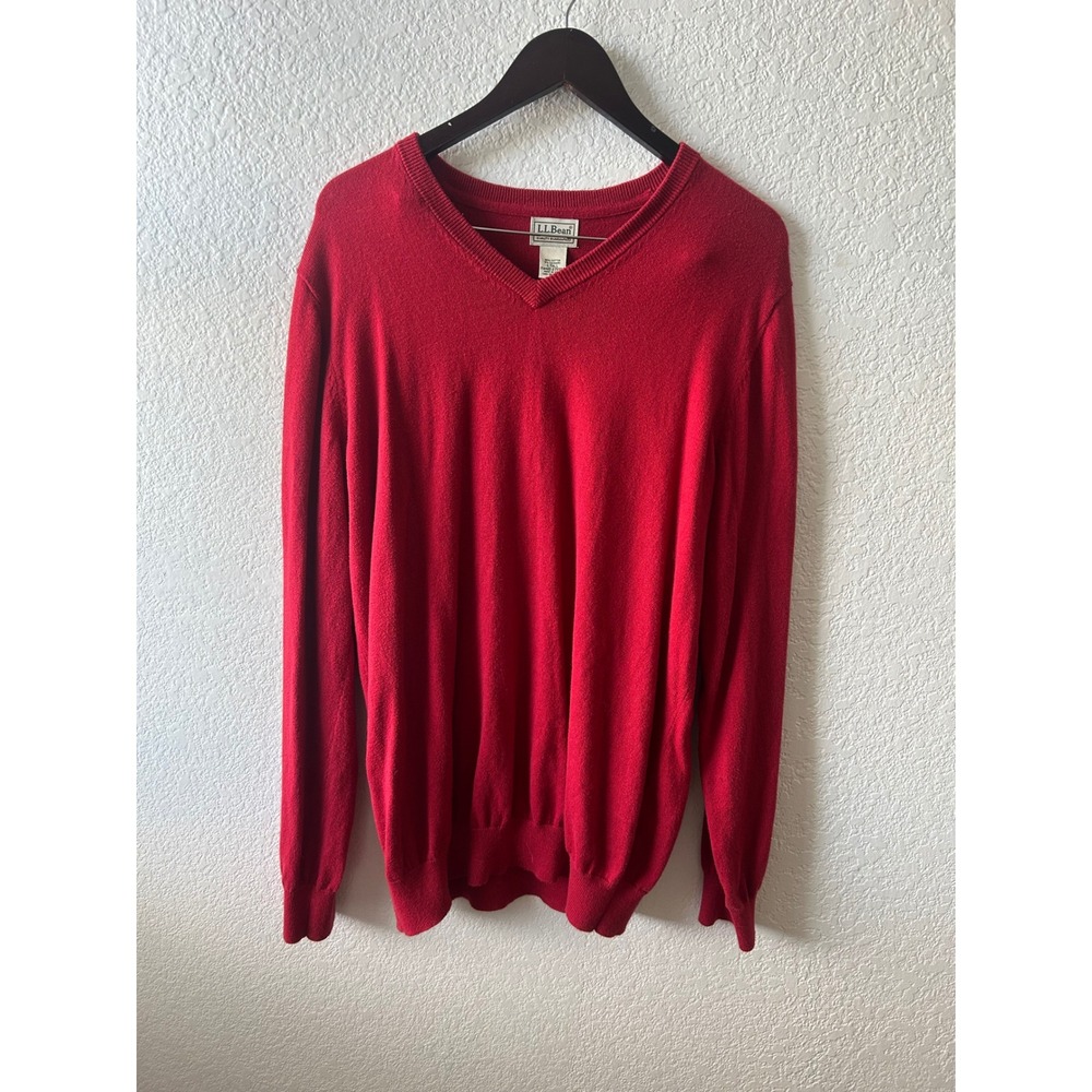LLBean Mens Tall Red V Neck Sweater Cotton Cashmere Blend L Tall Grandpacore